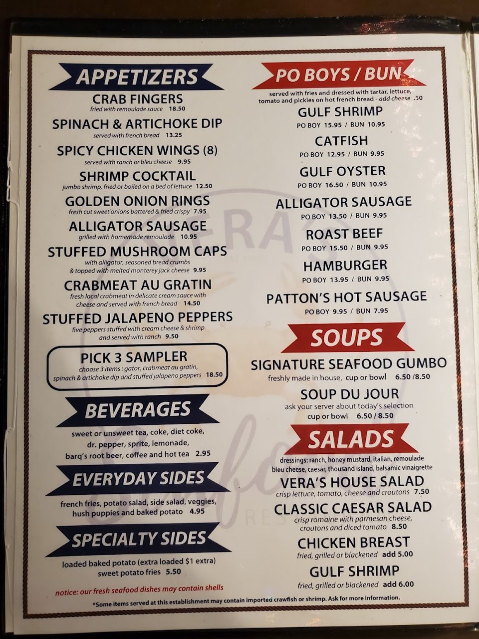 Seafood menu with appetizers and po boy options.