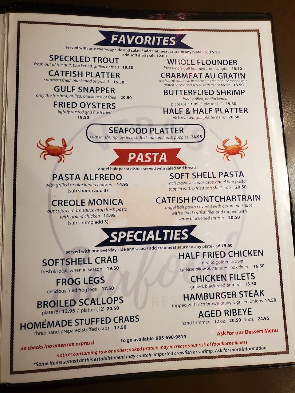 Printed menu featuring fried fish and sampler plates.