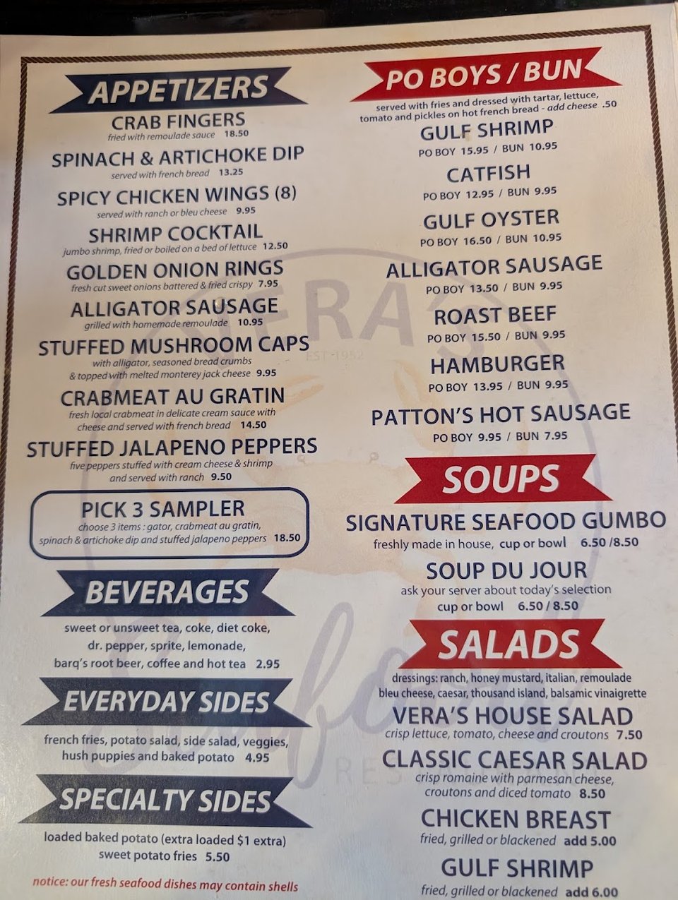 Restaurant menu listing catfish, shrimp, and oysters.
