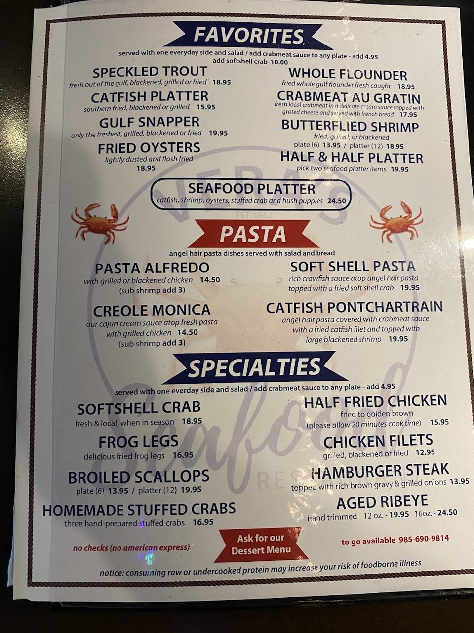 Menu page for a casual seafood cafe.